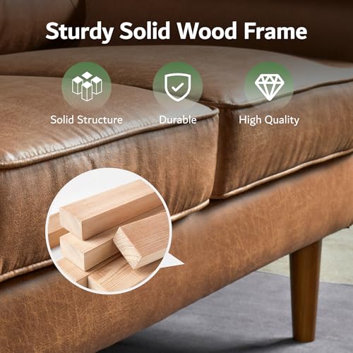 ovios Luxury 3 Seater Sofa with Faux Leather,Mid-Century Modern Couch with Comfortable Armrest,Comfy Couches with Deep Seat,Small Sofas for Living Room Bedroom (Light Brown) ovios