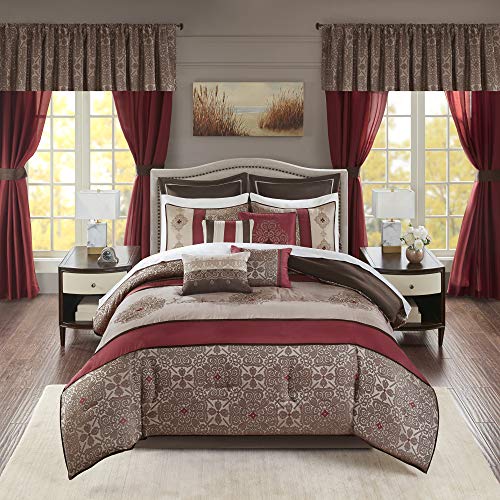Madison Park Essentials Delaney 24-Piece Room In A Bag Comforter Set-Satin Jacquard, All Season Luxury Bedding, Sheets, decorative pillows and Curtains, Valance, King(104"x92"), Medallion Red Madison Park
