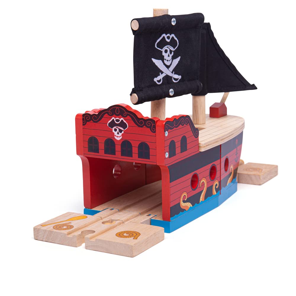 Bigjigs Rail Wooden Pirate Ship Galleon - Pirate Accessories for Wooden Train Sets, Bigjigs Train Accessories, Pirate Ship Toys for Kids, Wooden Toys for 3 4 5 Year Olds Bigjigs Rail