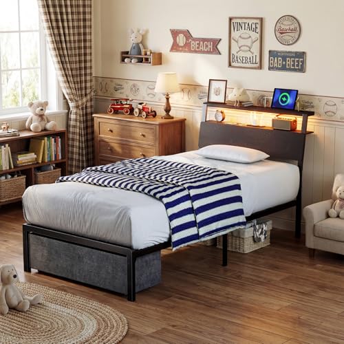 Woanke Twin Bed Frame with Headboard, Small Bed Frame with Drawers & Storage, Twin Bed Frames for Kids/Teenagers, Bed Frame Twin with LED Lights/Charging Station, Noise-Free/Assembly Easily, Black Oak Woanke