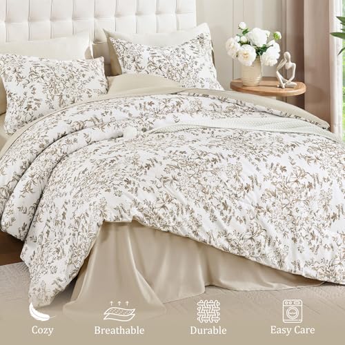WONGS BEDDING Comforter Set King Size, 8 Pieces Brown Floral Botanical Comforter Sets, Bed in a Bag Soft Lightweight Microfiber Bedding Sets for All Seasons (90"x104") WONGS BEDDING