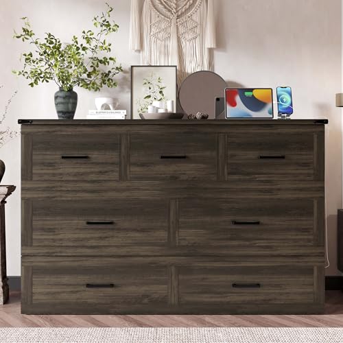 Ball & Cast Murphy Bed Queen Size Bed Frame with Charging Station,Murphy Bed Cabinet Foldable Platform Bed w/Large Storage Drawer,can be Folded,Slat Support,No Box Spring Needed,for Apartment,Gray Ball & Cast