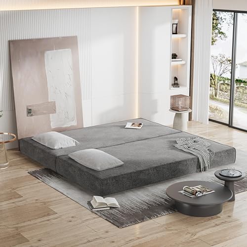 80" Folding Convertible Fold Out Sleeper Sofa Bed King Size , 5 in 1 DIY Combination Floor Couch Cozy Lounge Daybed with Curved Armrest and Throw Pillows for Living Room Apartment Chenille Fabric Eafurn