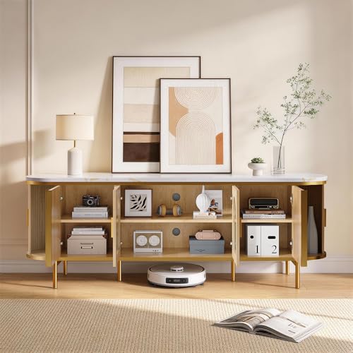 MXV 70" Fluted TV Stand for TVs up to 80", Mid Century Modern Entertainment Center with Sliding Doors & Glass Door, TV Console Table with Faux Marble Top for Living Room, Oak MXV