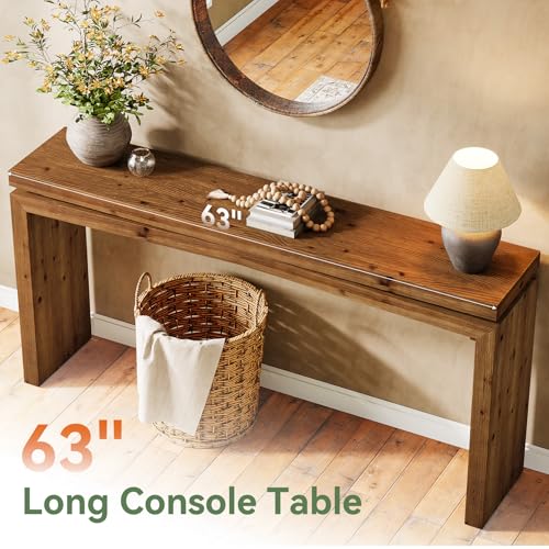 TRIBEWOOD Solid Wood Console Table, 63-Inch Long Farmhouse Sofa Table Behind Couch for Entryway, Living Room, Foyer, Easy Assembly, Brown TRIBEWOOD