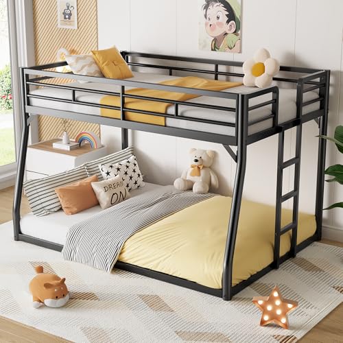 PVWIIK Metal Full XL Over Queen Bunk Bed w/Ladder and Safety Guardrail for Kids Teens Adults,Heavy-Duty Sturdy Bunk Bed,No Box Spring Needed,Black PVWIIK