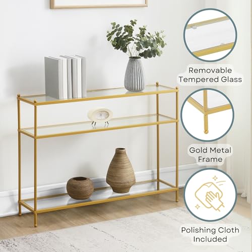 Convenience Concepts Royal Crest Glass Console Hall Table 42" - 3 Tier Modern, Contemporary Narrow Display Accent with Storage Shelves for Living Room, Entryway, Hallway, & Bedroom, Gold Convenience Concepts
