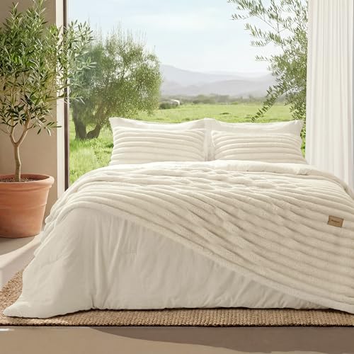 Bedsure Gentlesoft 2-in-1 Queen Comforter Set and Detachable Fluffy Blanket, Cream White Bedding Set for All Season Use, SnapTech Design for Space Saving (Includes 2 Pillow Shams, 2 Pillowcases) Bedsure