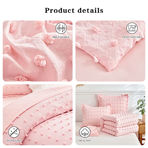 6 Pieces Tufted Dots Bed in a Bag Twin Comforter Set Girls Pink , Soft and Embroidery Shabby Chic Boho Bohemian Comforters, Luxury Solid Color with Pom Pom Design, Jacquard Tufts Bedding Set for Kids Flysheep