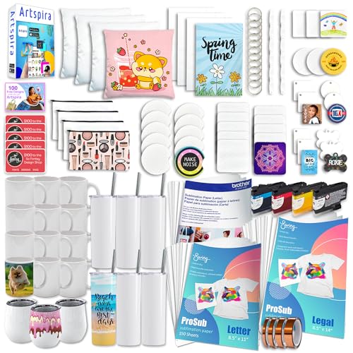 Brother SP-1 Dye-Sublimation Printer Bundle with 7-in-1 Navy Blue Tumbler, Mug & Cup Press, Full Ink Set, 310 Sublimation Transfer Sheets, Sublimation Blanks, Tape and More