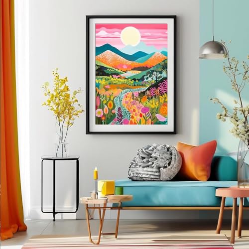 MjhRcll Abstract Landscape Stamped Cross Stitch Kits,Mountain Flowers Cross Stitch Ornament Kits for Adults Beginners, Counted Embroidery Needlepoint Kits Home Decor 12x16 Inch