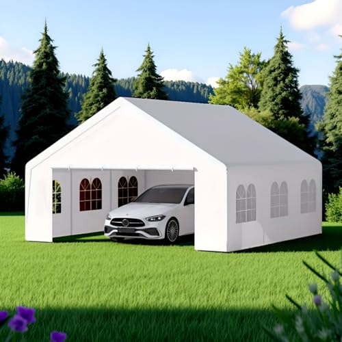 Kecreque Carport 20x20 Party Tent Heavy Duty Canopy Waterproof Outdoor Storage Shelter Portable Garage w/Removable Sidewall Windows Canopy Tent for Wedding Event Backyard Barbecues Parties, White Kecreque