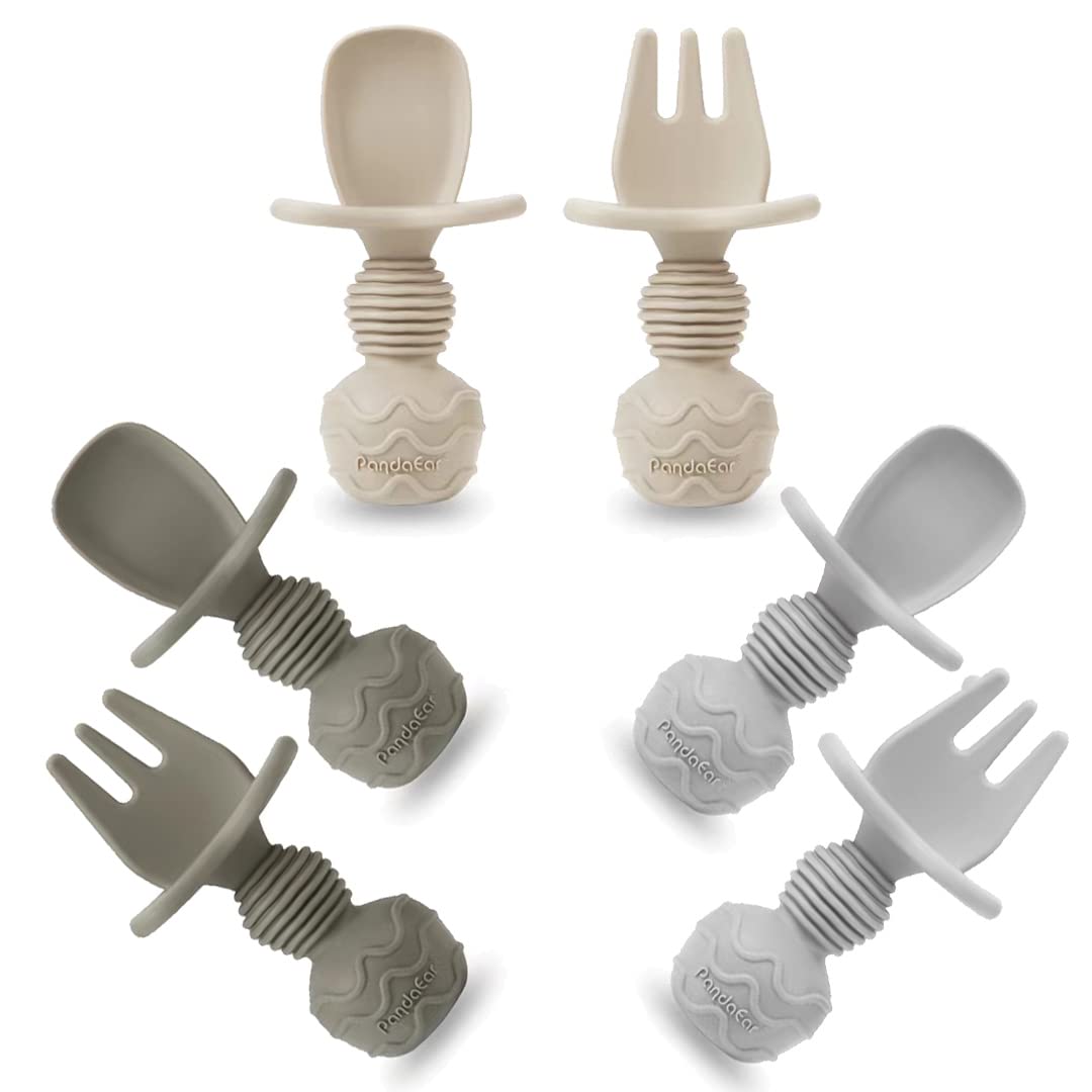 PandaEar 6 Pack Silicone Baby Spoons and Fork Feeding Set- Anti-Choke First Self Feeding Utensils for Baby Led Weaning Ages 3 Months (Tan,Walnut&Grey) PandaEar