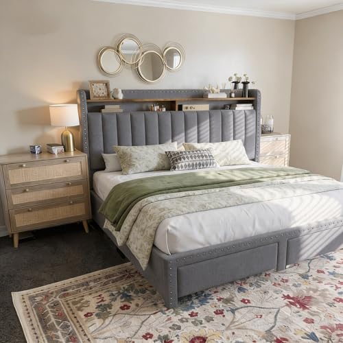 EnHomee King Size Bed Frame with 2 Metal Storage Drawers, Vertical Tufted Upholstered King Platform Bed with Headboard Shelf, 1000lbs Heavy Duty, No Box Spring Needed,Easy Assembly,Grey EnHomee