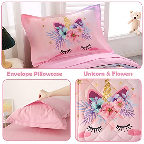 KINBEDY Toddler Bedding Set 4 Piece Pink Unicorn Crib Bedding Set for Girls Soft Cute Floral Toddler Bed Sheets Comforter Set Baby Bedroom Set, Include Comforter, Flat Sheet, Fitted Sheet, Pillowcase KINBEDY