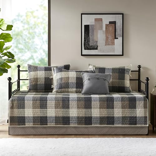 Madison Park Ridge Daybed Cover Set - Cabin Lodge Plaid Herringbone Print Reversible Design, All Season Luxury Bedding with Bedskirt, Matching Shams, Decorative Pillow, 39"x75", Neutral 6 Piece Madison Park