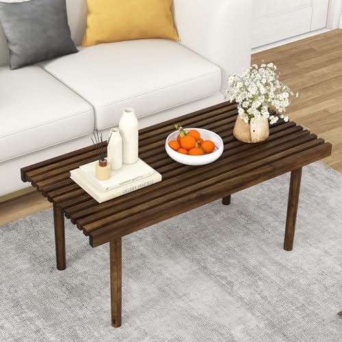 Tangkula Wood Coffee Table, Farmhouse Acacia Wood Cocktail Table with Slatted Tabletop for Living Room, Rectangle Center Tea Table for Small Spaces, Easy Assembly, 39 x 18 Inch (Rustic, Brown) Tangkula