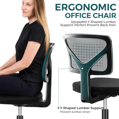 DUMOS Armless Office Chairs with Wheels, Ergonomic Adjustable Home Desk Swivel Rolling Task Chair No Arms, Comfy Mesh Mid Back Computer Work Vanity Desk Chairs for Small Spaces, Dark Black DUMOS