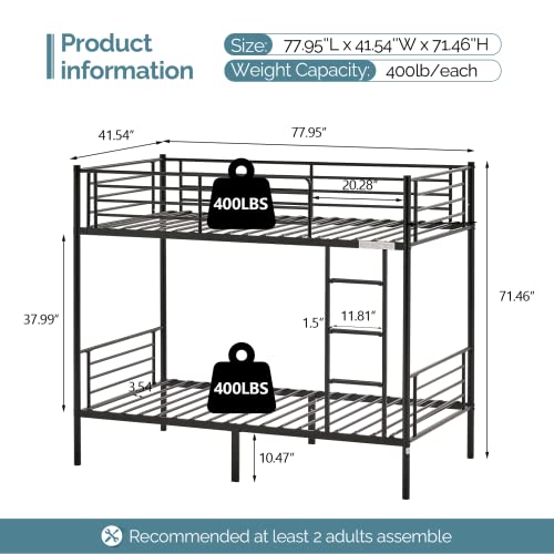 VINGLI Bunk Bed Twin Over Twin for Kids, Teens and Adults,Metal Bunk Bed with Ladder and Flat Rungs, Heavy Duty Metal Slats Support, No Box Spring Needed, for Dorm,Bedroom,Black VINGLI