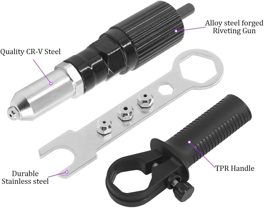 Pop Rivet Gun Tool, Professional Cordless Riveter Adapter Kit Riveter Nut Tool Drill Attachment for Cordless Electric Power Drill (4 Threaded Head Sizes: 2.4/3.2/4.0/4.8mm) Haokixin