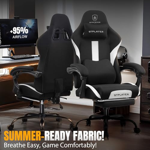 GTPLAYER Gaming Chair with Foot Rest & Pocket Spring Cushion, Breathable Fabric for Home Office Desk, Ergonomic High Back Computer Chair with Headrest & Lumbar Support, Black GTPLAYER