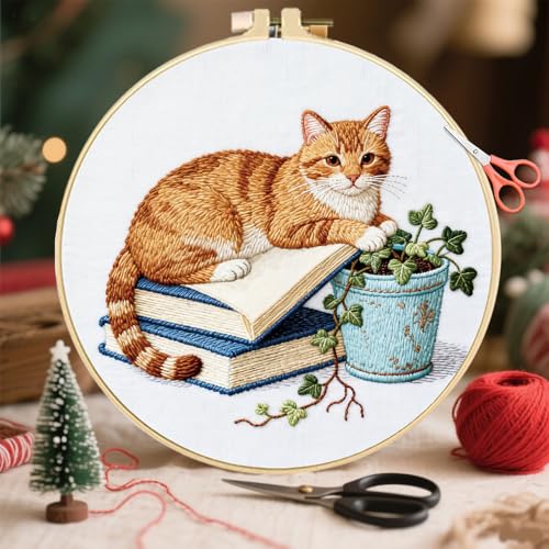 FREEBLOSS 6 Set Embroidery Kit Cat and Flower Stamped Embroidery Starter Kit with Step by Step Instructions, Colored Threads, 2 Hoops, Needlepoint Kits for Hand Craft Lovers Gift, 30cm/11.8inch
