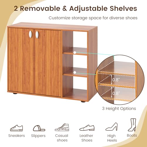 Giantex Wood Shoe Cabinet with Doors, Freestanding Shoe Rack Cabinet with 3-Level Adjustable Open Shelves, Modern Wooden Shoe Storage Cabinet for Entryway, Hallway, Closet, Living Room (Natural) Giantex