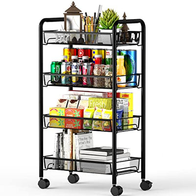 OVICAR 4 Tier Mesh Wire Rolling Cart, Kitchen Storage Organizer Utility Cart, Full Metal Basket Storage Art Trolley Carts with Wheels & 4 Side Hooks