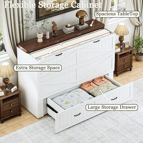 DalyLuxa Full Size Multi-Functional Murphy Cabinet Bed with Charging Station, Farmhouse Full Size Bed Frame with Drawer, Hidden Folding Murphy Bed Chest for Bedroom, Rustic White