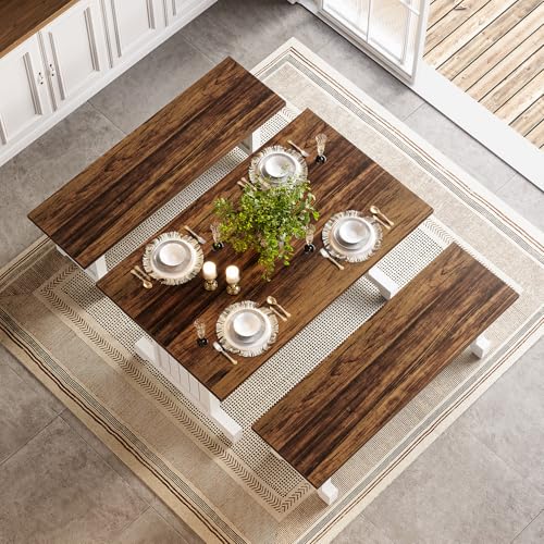 LITTLE TREE Dining Table Set for 4 with 2 Benches, Modern Kitchen Table with MDF Board, Space-Saving Dinette for Kitchen, Dining Room, Brown and White LITTLE TREE