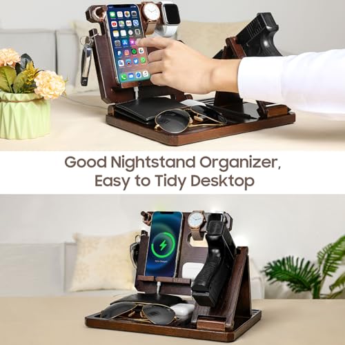 Roylvan Multifunctional Wooden Gun Rack, Durable Nightstand Organizer with Pistol Rack for Phone Wallet Ring Key Military Watch Pistol Display Stand Gun Gifts for Men Husband Dad Boyfriend, Dark Brown Roylvan