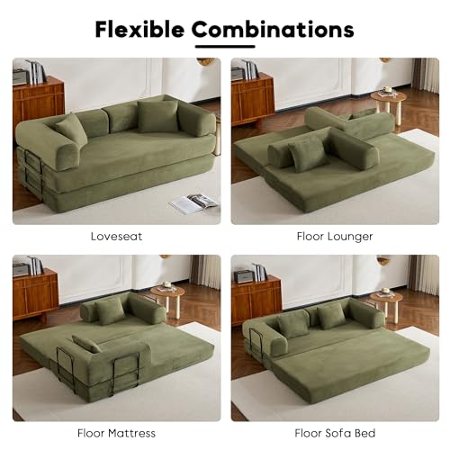 ZEIINPA Convertible Folding Couch Bed, Comfy Corduroy Sleeper Floor Sofa Bed with Fixed-Shape Frame, Floor Sofa with Armrest, Lounge Couch for Living Room Bedroom Lounge Studio, Green ZEIINPA