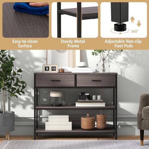 Giantex 3-Tier Entryway Table with Storage, Sofa Table w/ 2 Large Drawers, 2 Open Storage Shelves, Anti-toppling Device, Side Table w/Metal Frame, Console Table for Hallway, Living Room, Grey Oak Giantex