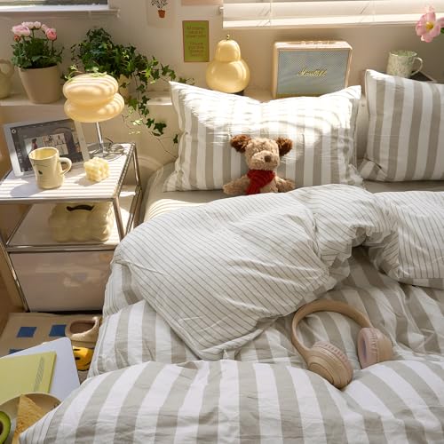 MOTNTD Brown Striped Twin Duvet Cover Set Boho Pattern Twin Comforter Cover Lightweight Stripe Dorm Room Farmhouse Duvet Cover with 2 Pillowcases Teen Boy Bedding Set Washed Microfiber Duvet Protector MOTNTD