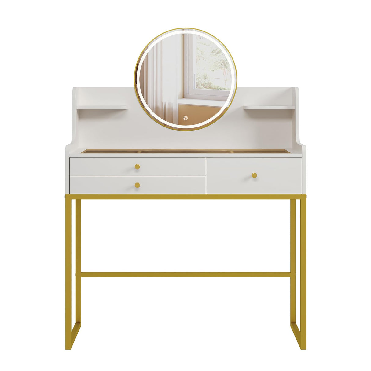 DELUXE LIVING Makeup Vanity Desk with Mirror and Lights, Glass Top Vanity Desk with 3 Drawers & 2 Storage Shelves, Bedroom Dressing Table with Power Outlet, 3 Lighting Mode, White DELUXE LIVING