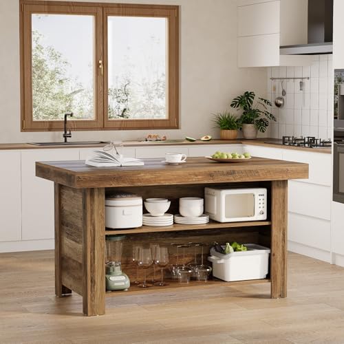 LITTLE TREE 55 Inches Kitchen Island with Storage, 3-Tier Farmhouse Wooden Stationary Island Table with Large Worktop & Leg Room, Modern Coffee Bar Table Storage Cabinet for Kitchen, Rustic Brown LITTLE TREE