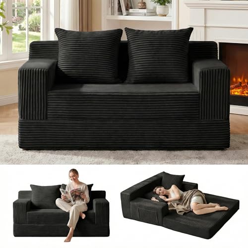 Erament Loveseat Boneless Convertible Sofa Bed, Folding Floor Futon Sleeper Sofa Couch Bed- Boneless Foldable Couch, Corduroy Pull Out Sofa Bed with 2 Pillows for Living Room & Bedroom Erament