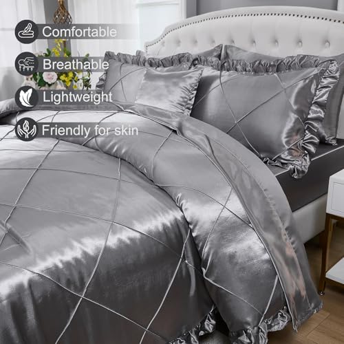 Grey Comforter Set King Sheet Set Silk Like Satin Bedding Set Silky Bed in a Bag 8 Pcs Pinch Pleat Bed Set Home Decor Luxury Hotel Silky Ruffle Comforter with 1 Cushion Cover Bedding_Dreamer