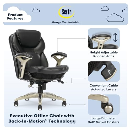 Serta Claremont Ergonomic Executive Office Chair with Back in Motion Technology, Adjustable Mid Back Desk Chair with Lumbar Support, Bonded Leather, Black Serta