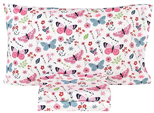 Scientific Sleep Butterfly Pink Flower 100% Cotton Cozy Fun Twin Bed Sheet Set, Flat Sheet & Fitted Sheet & Pillowcase Kids Boys Girls Bedding Set Scientific Sleep