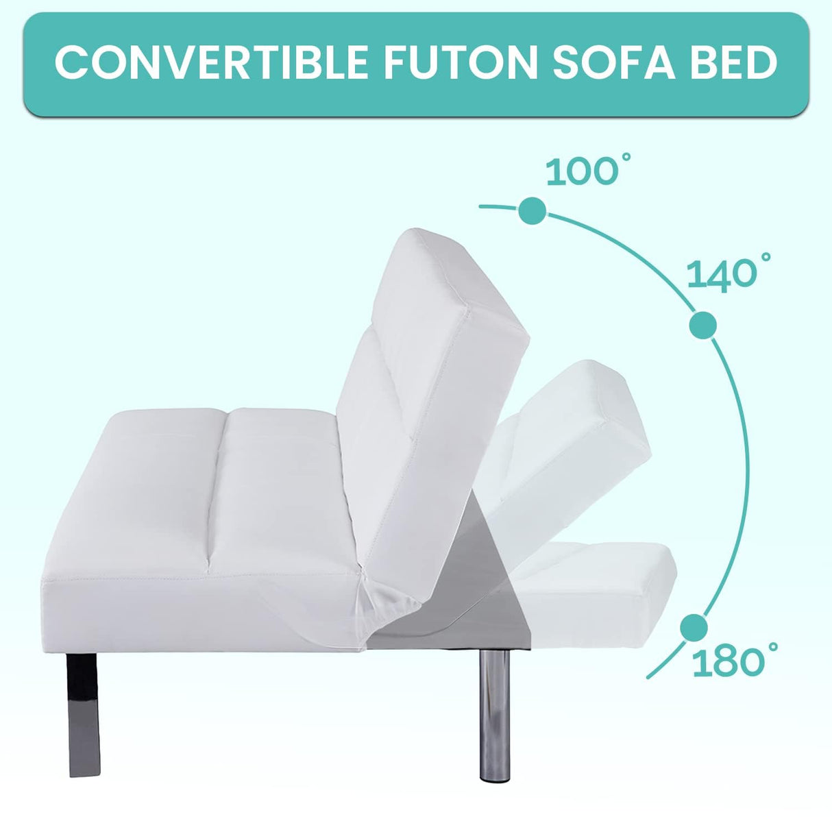 Naomi Home Zoe Futon Sofa Bed, Faux Leather Futon Couch, Modern Convertible Folding Sofa Bed Couch with Chrome Legs, Reclining Mini Couch, Leather Futon Small Couch for Bedroom Living Room White Naomi Home