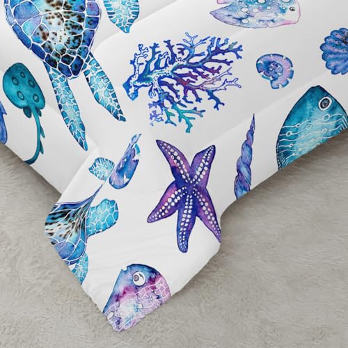 XYNHML Blue Sea Turtle Comforter 3Pcs Ocean Bedding Set Twin Coral Starfish Shell Fish Bedding Set for Kid Teen Girl Boy Adult Bed Decor Conch Manta Ray Quilt with 1 Comforter and 2 Pillowcases XYNHML
