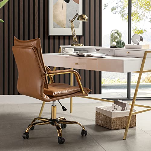 HULALA HOME Faux Leather Home Office Desk Chair, Adjustable Swivel Computer Chair with Golden Legs and Arms, Comfy Upholstered Task Chair,Camel HULALA HOME