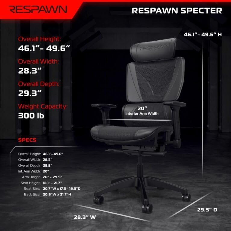 RESPAWN SPECTER Ergonomic Mesh Office Chair - High Back Computer Chair, Gaming Chair, Desk Chair with Adjustable Lumbar Support/Armrests/Headrest, Gaming Chairs Seat Slide & Tilt Recline - Black RESPAWN