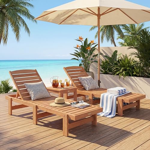 COSTWAY Solid Wood Chaise Lounge, Outdoor Lounge Chair with 5-Position Adjustable Backrest, Wooden Patio Lounger for Sunbathing, Yard, Teak Oil Finished (1)