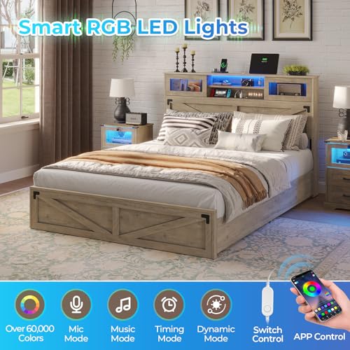 Hasuit Rustic Oak Queen Bed Frame with Bookcase Headboard, LED Lights, Charging Station & 2 Drawers Hasuit