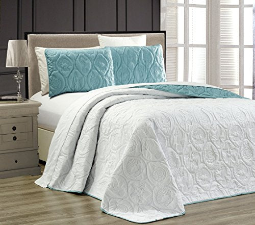 Grand Linen 3-Piece Tropical Coast Seashell Beach (California) Cal King Oversize Oversize Bedspread SPA Blue/White Reversible Coverlet Embossed Bed Cover Set. Sea Shells, Sea Horse, Starfish etc. Grand Linen