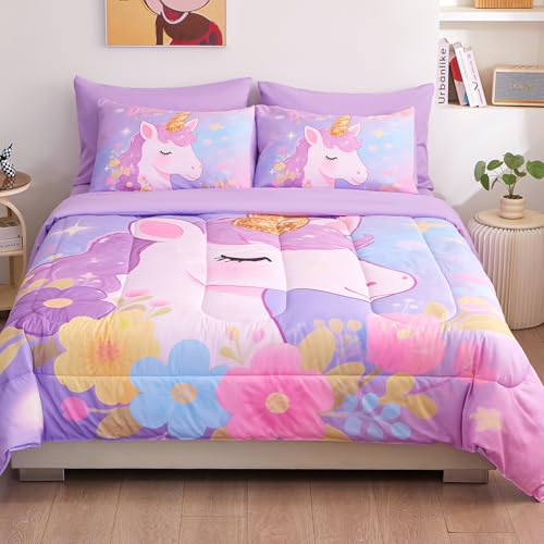 ZUEXVOFY Twin Comforter Set for Girls 5 Piece Purple Unicorn Bedding Set for Girls Super Soft Microfiber Bed Set Bed in a Bag with Comforter Sheets Pillowcase & Sham ZUEXVOFY