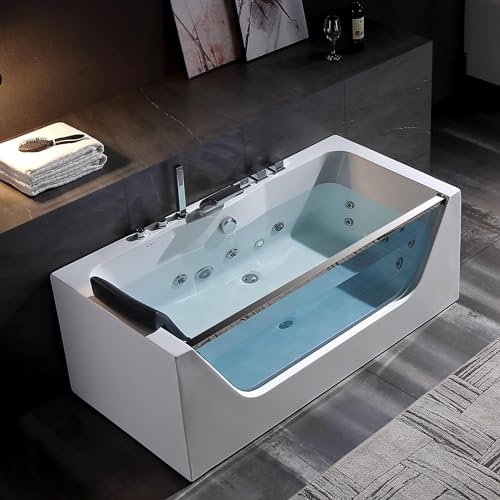 Empava 59 in. Acrylic Alcove Whirlpool Bathtub - Hydromassage Rectangular Jetted Soaking Tub with Center Drain - Waterfall Faucet Empava