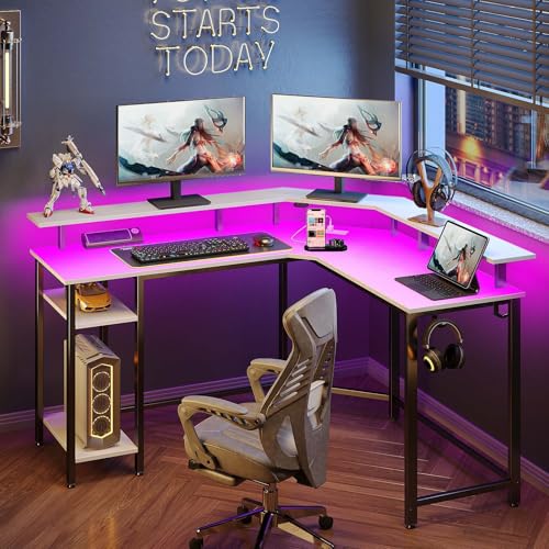 Rolanstar L Shaped Gaming Desk with LED Lights & Power Outlets, 46.2" Computer Desk with Full Monitor Stand & Storage Shelf, Corner Desk with Hooks, White Desk Reversible Rolanstar